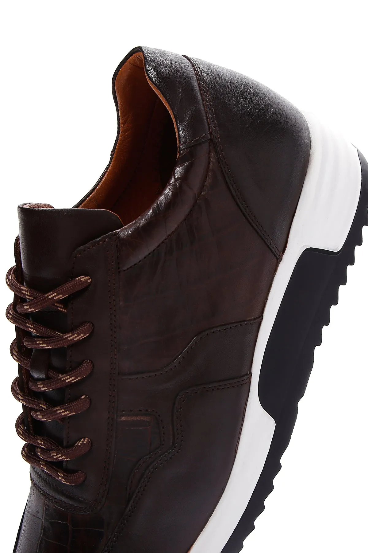 Erkek Kahverengi Bağcıklı Deri Casual Sneaker