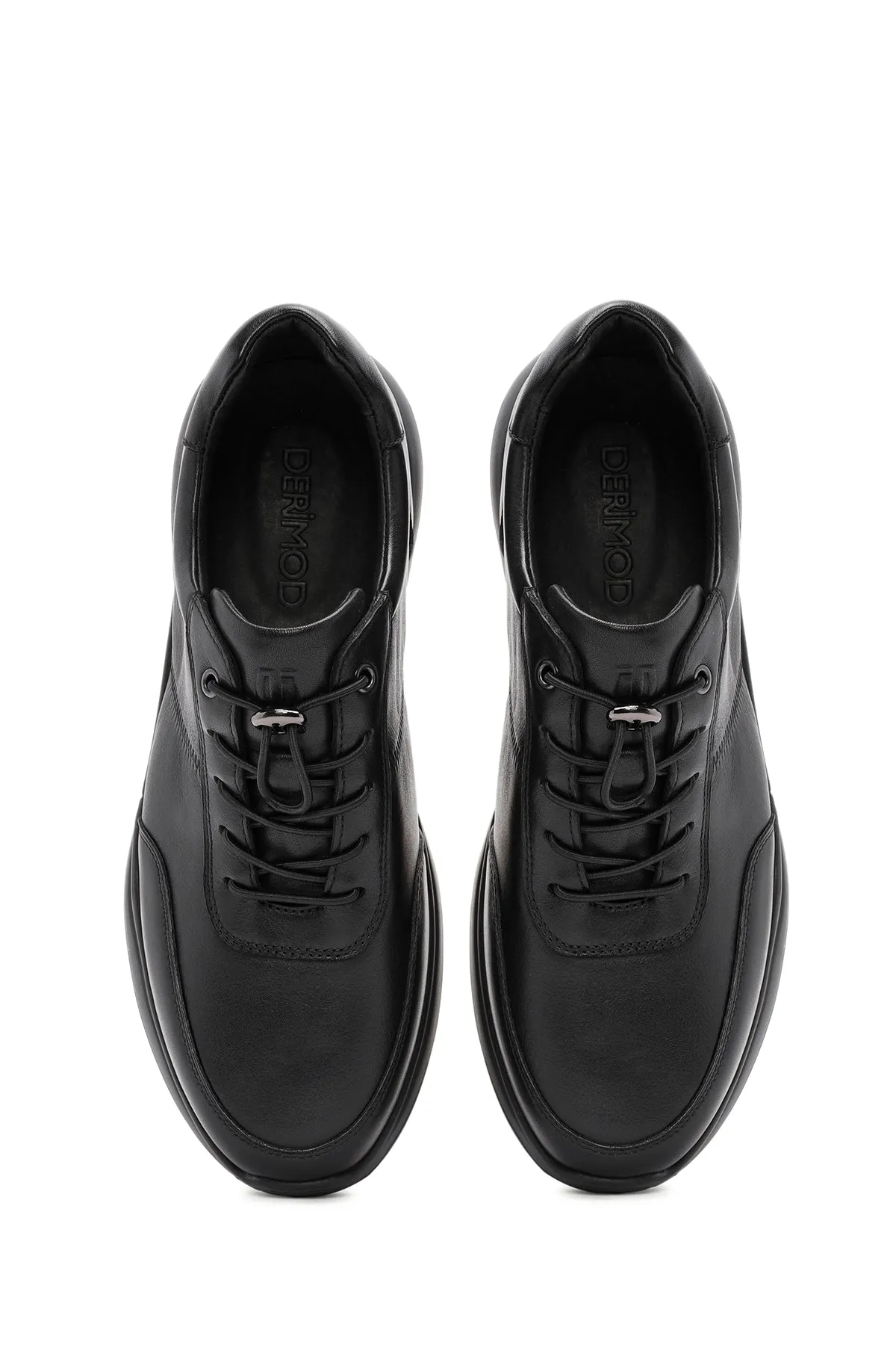 Erkek Siyah Bağcıklı Deri Casual Sneaker