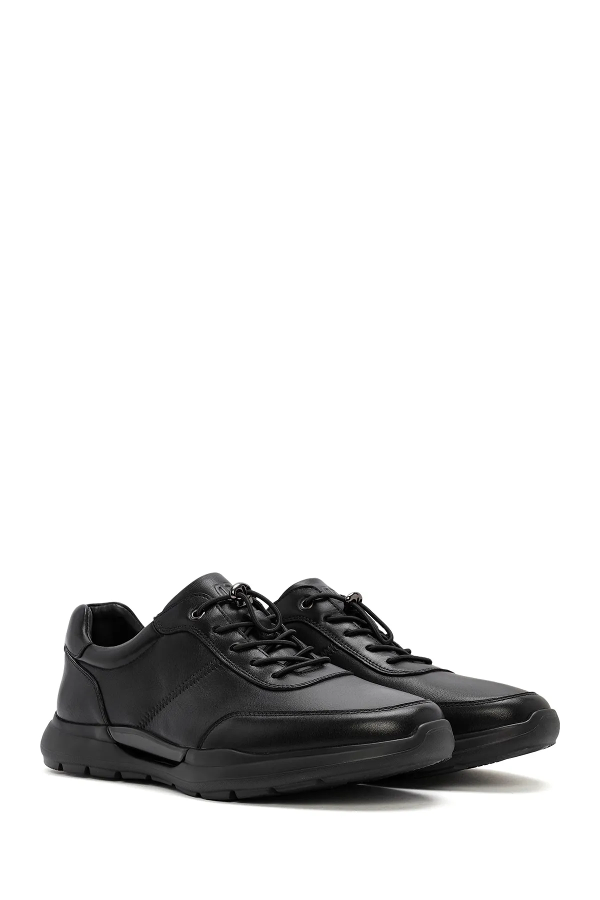 Erkek Siyah Bağcıklı Deri Casual Sneaker