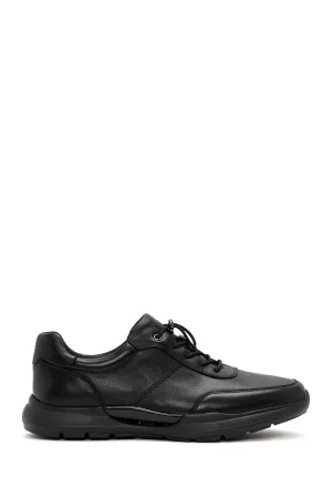 Erkek Siyah Bağcıklı Deri Casual Sneaker