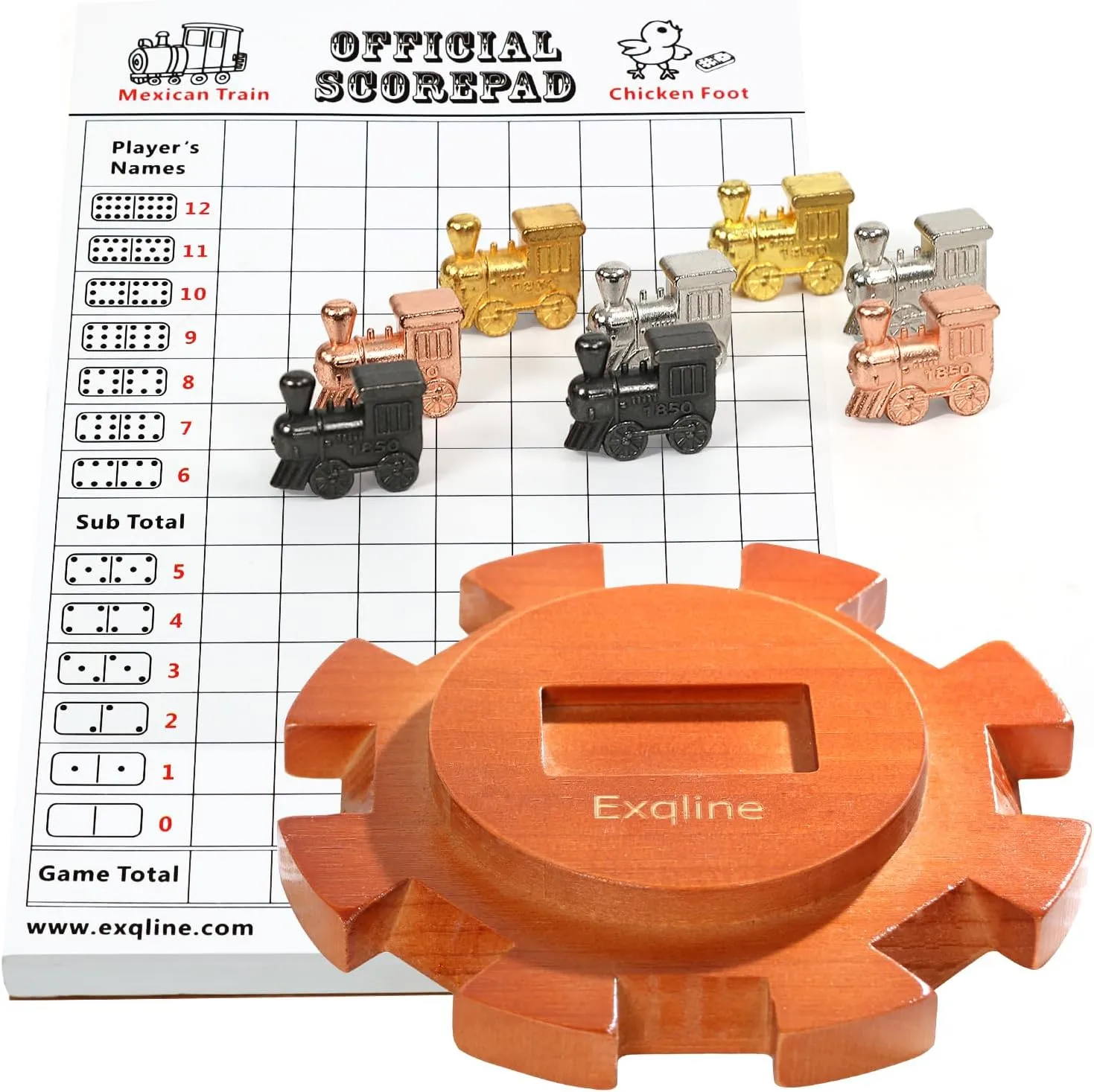Exqline Mexican Train Dominoes Accessories - with 6.5" Mexican Train Hub Centerpiece, 8 Metal Mexican Train Markers and 70-Sheets Mexican Train Score Pads Great Mexican Train Dominoes Set.