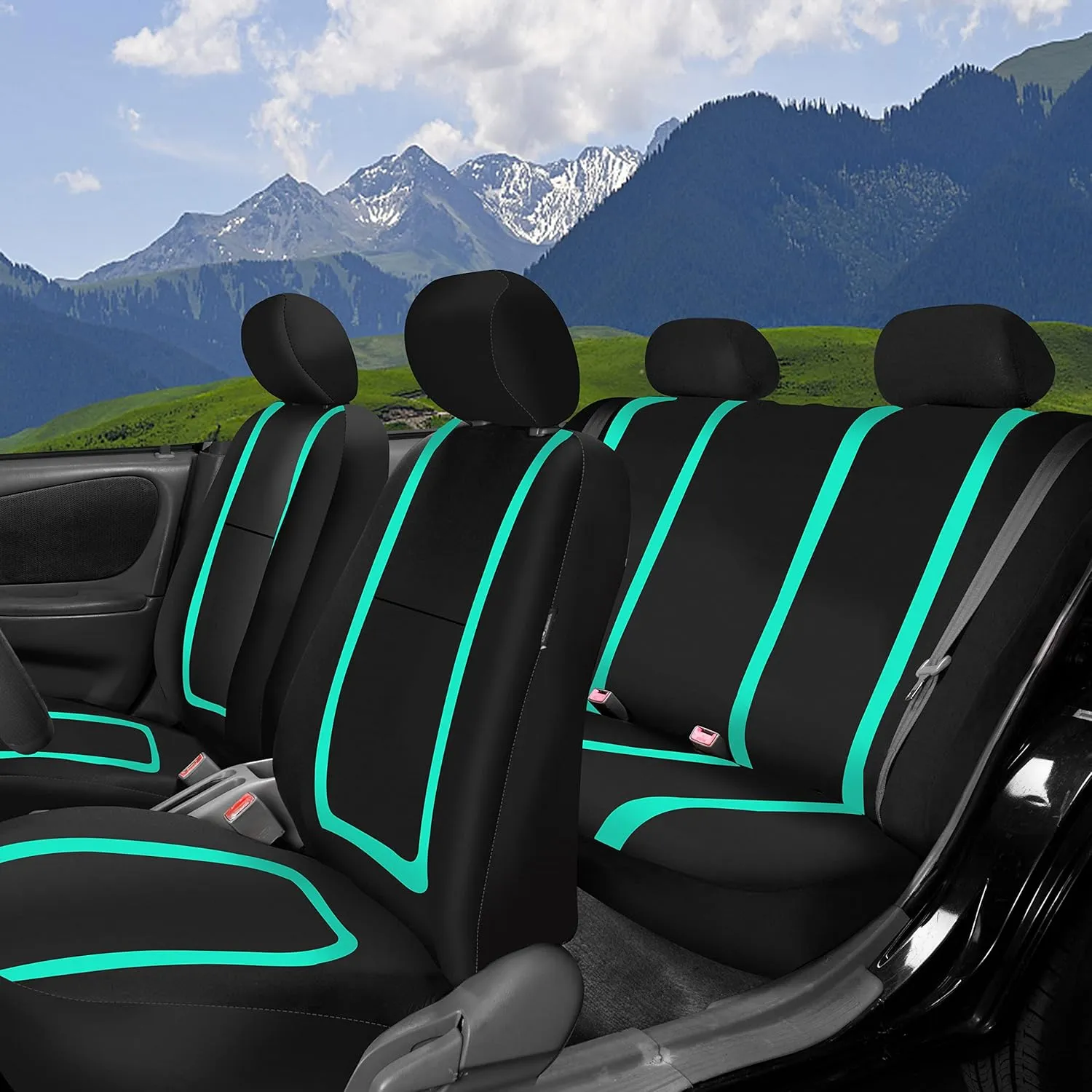 FH Group Unique Flat Cloth Seat Covers with Premium Carpet Floor Mats- Fit Most Car, Truck, SUV, or Van (Gray/Black) FB032115-(Mint/Black) F14407