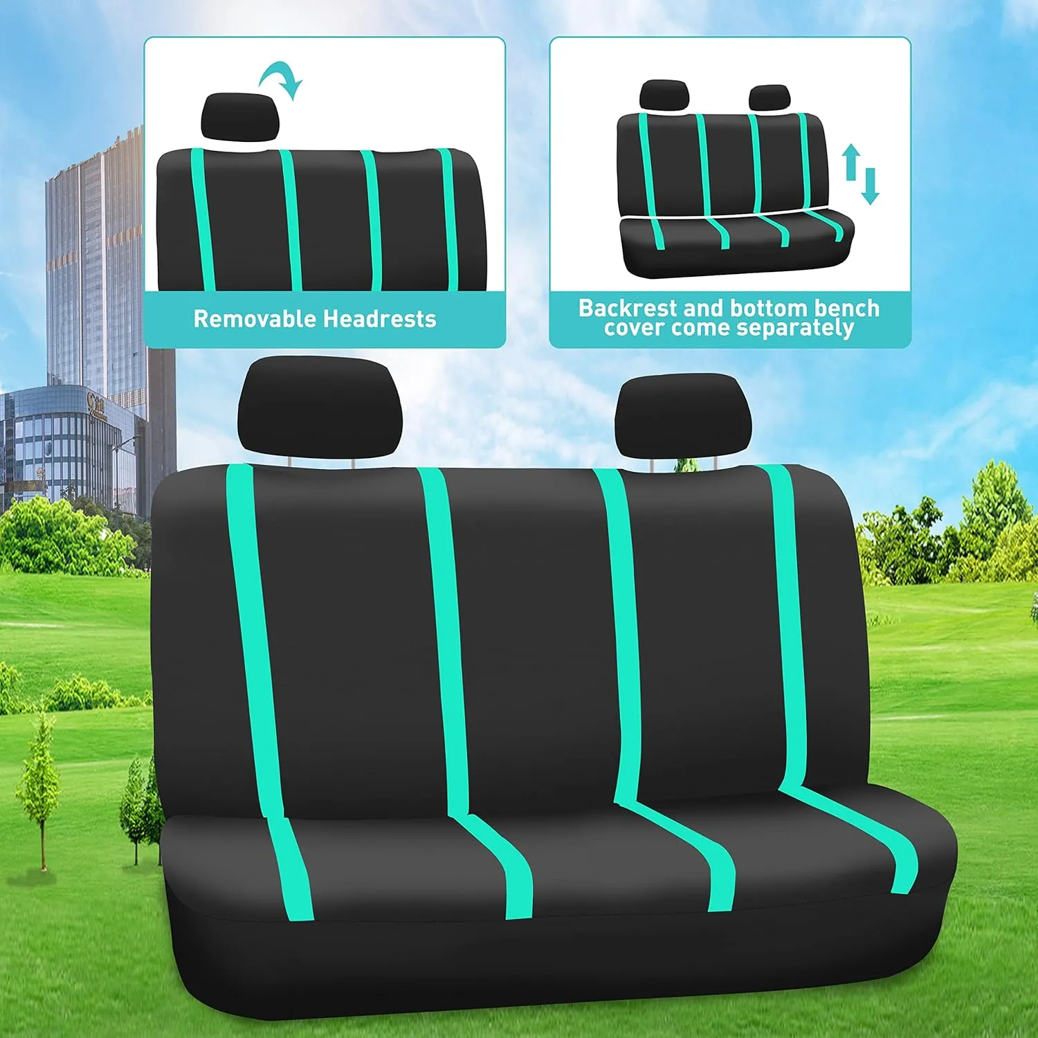 FH Group Unique Flat Cloth Seat Covers with Premium Carpet Floor Mats- Fit Most Car, Truck, SUV, or Van (Gray/Black) FB032115-(Mint/Black) F14407
