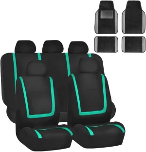 FH Group Unique Flat Cloth Seat Covers with Premium Carpet Floor Mats- Fit Most Car, Truck, SUV, or Van (Gray/Black) FB032115-(Mint/Black) F14407