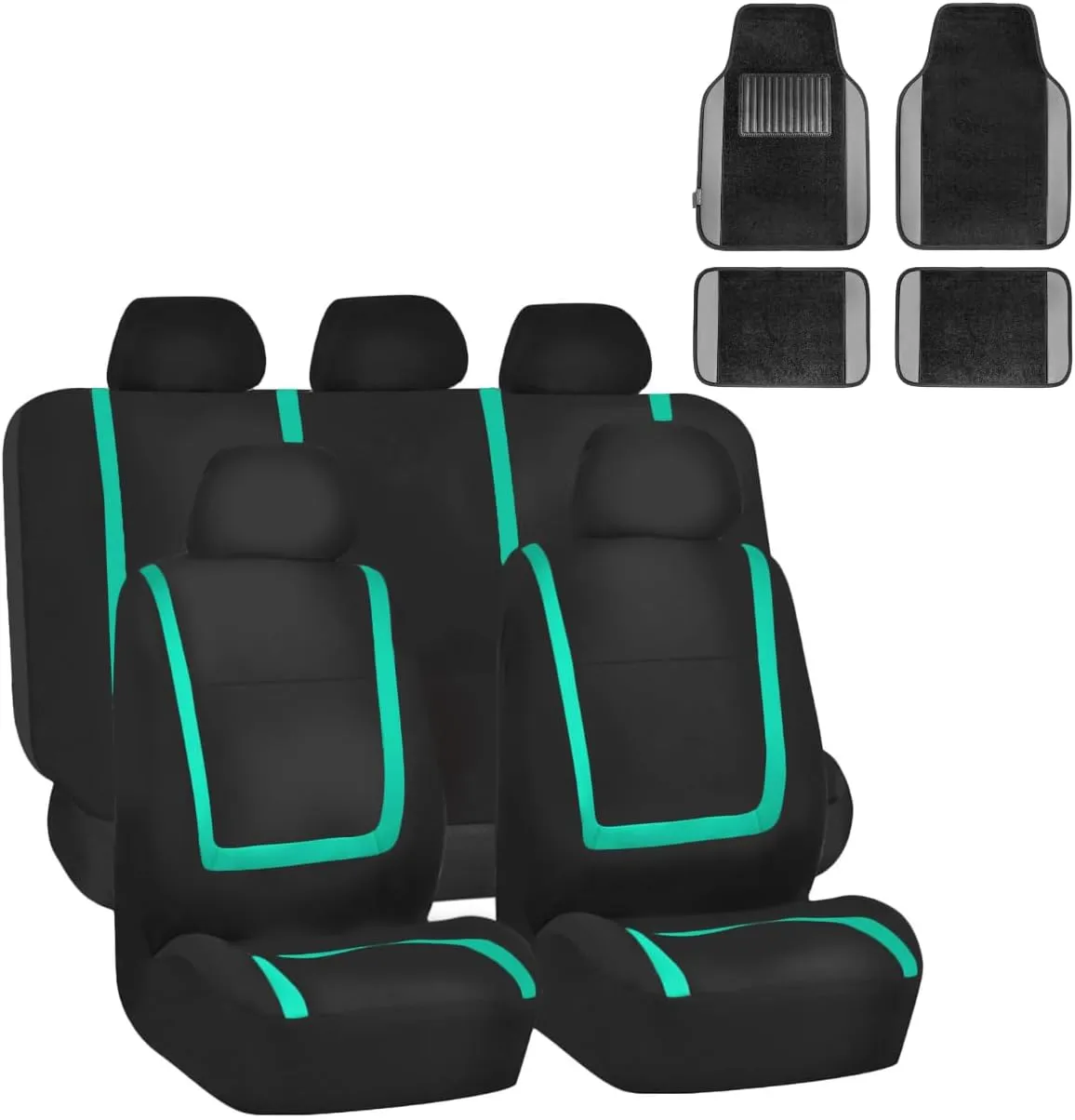 FH Group Unique Flat Cloth Seat Covers with Premium Carpet Floor Mats- Fit Most Car, Truck, SUV, or Van (Gray/Black) FB032115-(Mint/Black) F14407