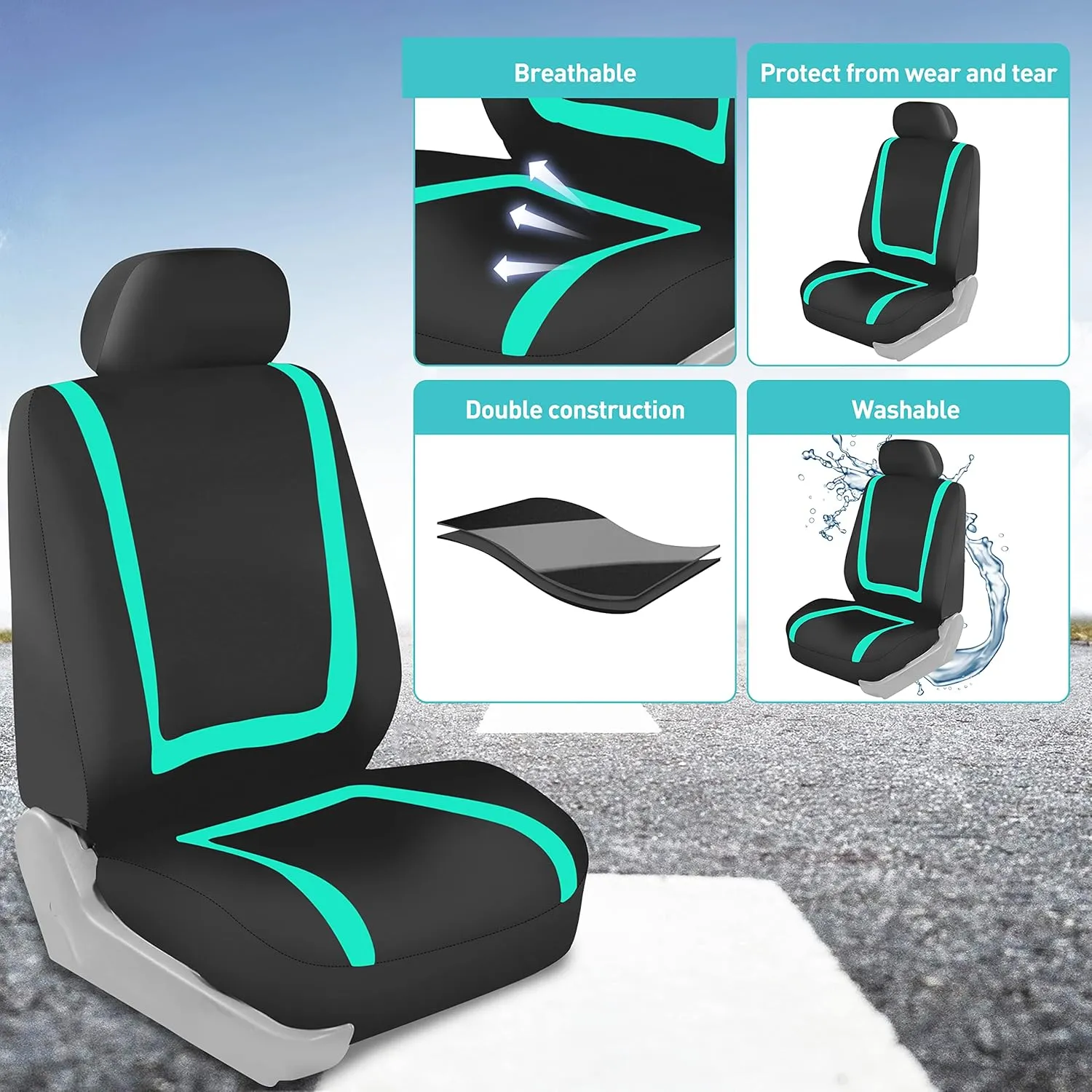 FH Group Unique Flat Cloth Seat Covers with Premium Carpet Floor Mats- Fit Most Car, Truck, SUV, or Van (Gray/Black) FB032115-(Mint/Black) F14407