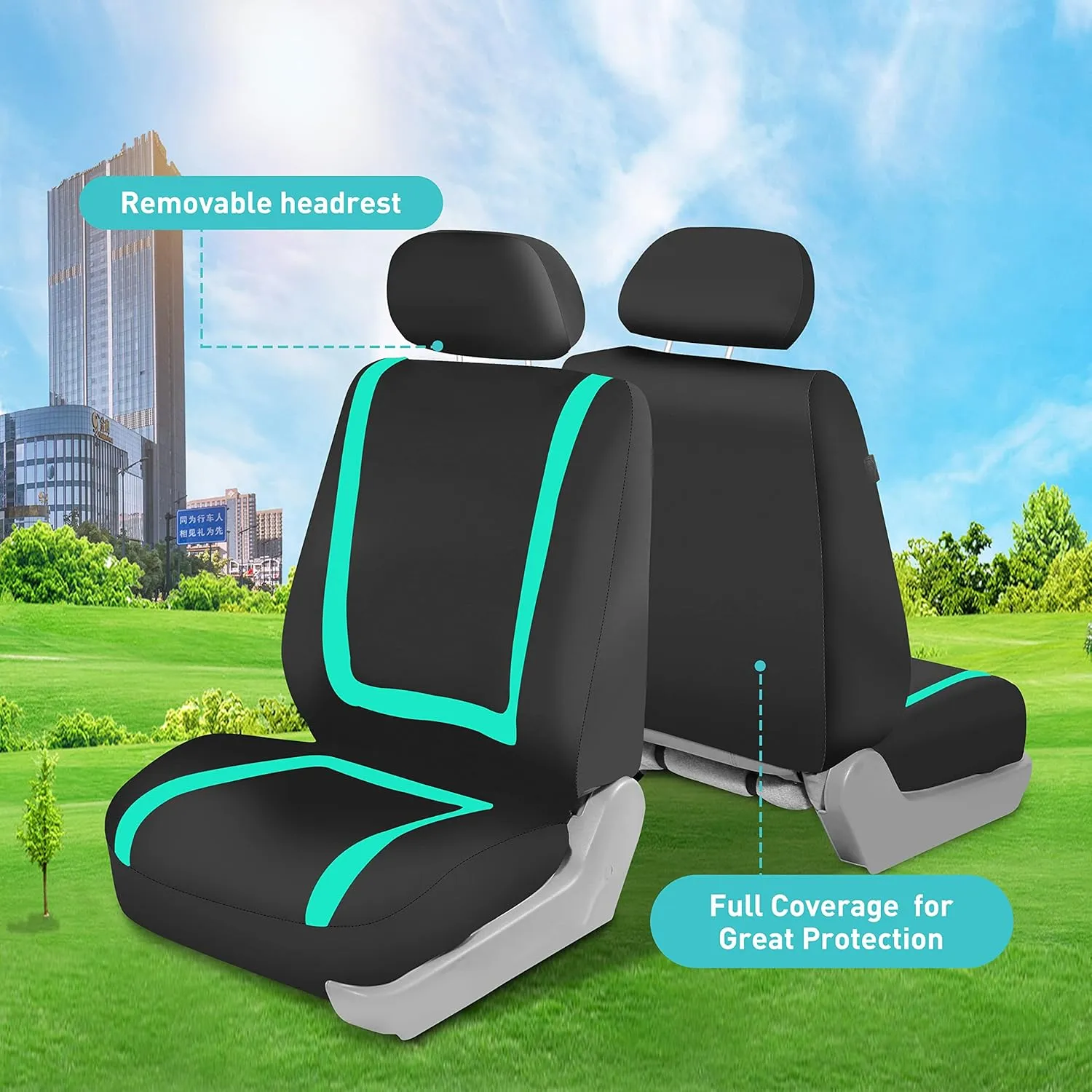 FH Group Unique Flat Cloth Seat Covers with Premium Carpet Floor Mats- Fit Most Car, Truck, SUV, or Van (Gray/Black) FB032115-(Mint/Black) F14407