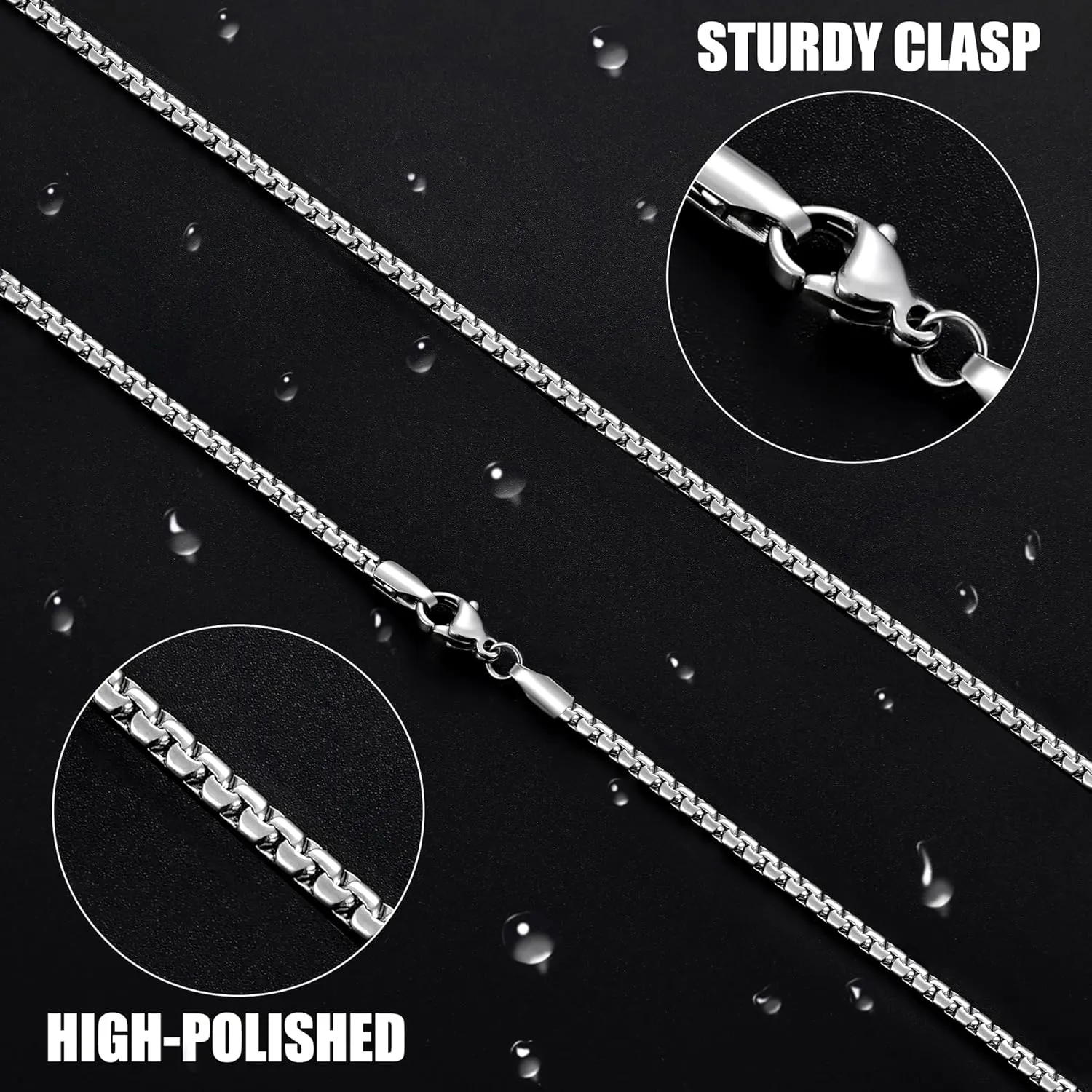 Fiusem Flat Box Chains for Men, 2.5/3/4/4.5/5mm Silver Tone Box Chain Necklace, Stainless Steel Necklaces for Men and Women 16-28 Inches