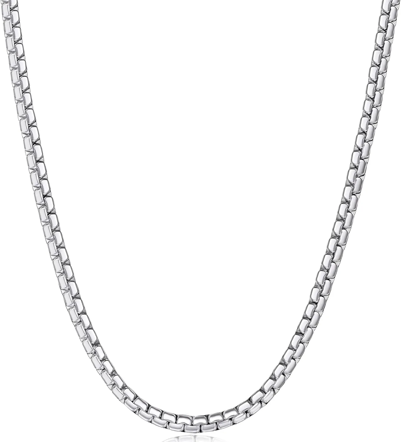 Fiusem Flat Box Chains for Men, 2.5/3/4/4.5/5mm Silver Tone Box Chain Necklace, Stainless Steel Necklaces for Men and Women 16-28 Inches