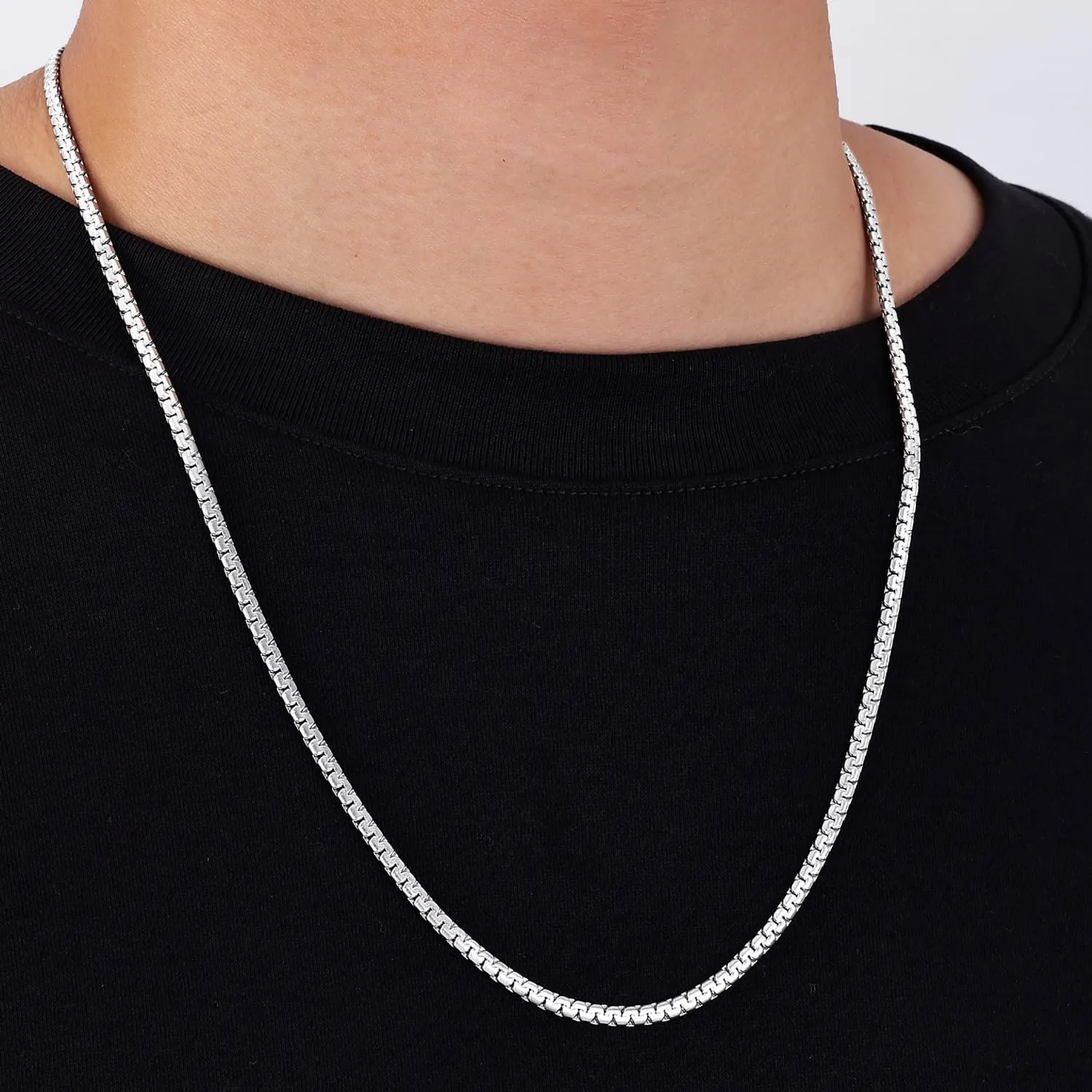 Fiusem Flat Box Chains for Men, 2.5/3/4/4.5/5mm Silver Tone Box Chain Necklace, Stainless Steel Necklaces for Men and Women 16-28 Inches