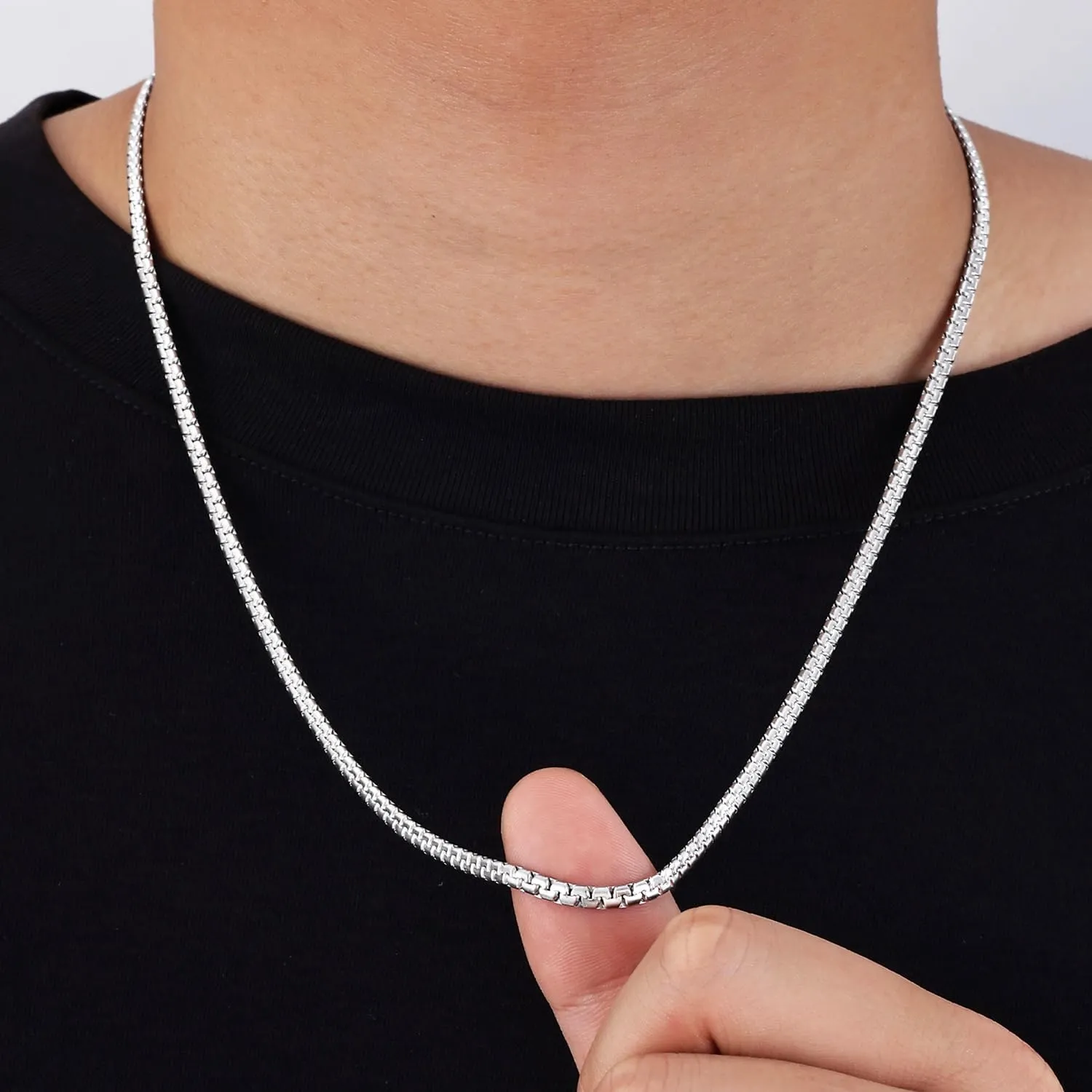 Fiusem Flat Box Chains for Men, 2.5/3/4/4.5/5mm Silver Tone Box Chain Necklace, Stainless Steel Necklaces for Men and Women 16-28 Inches