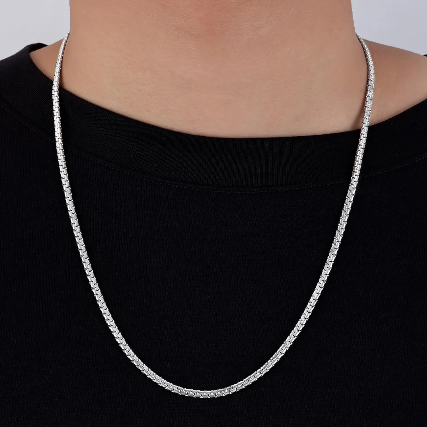 Fiusem Flat Box Chains for Men, 2.5/3/4/4.5/5mm Silver Tone Box Chain Necklace, Stainless Steel Necklaces for Men and Women 16-28 Inches