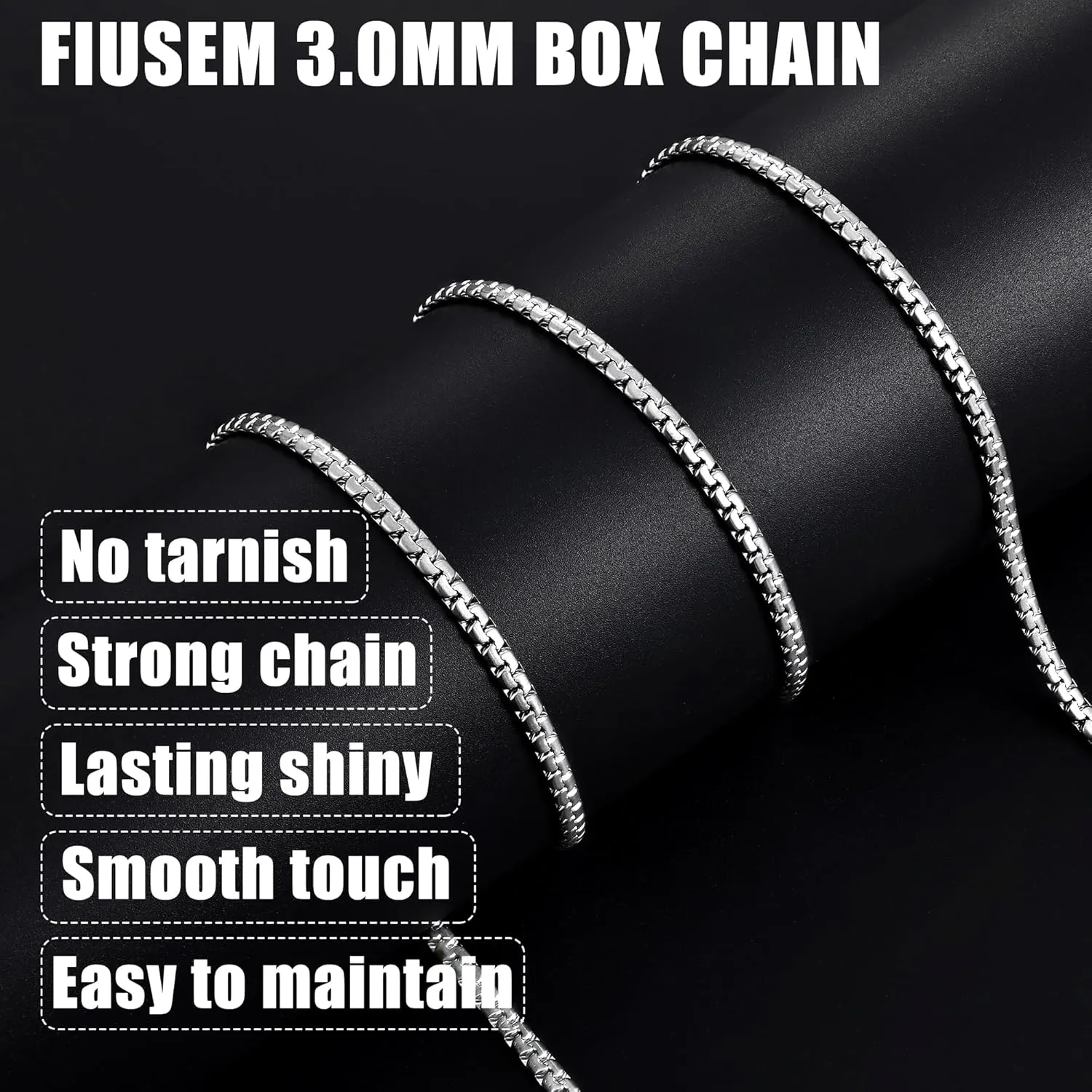 Fiusem Flat Box Chains for Men, 2.5/3/4/4.5/5mm Silver Tone Box Chain Necklace, Stainless Steel Necklaces for Men and Women 16-28 Inches