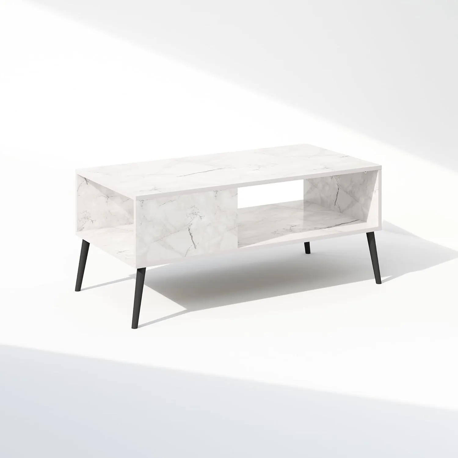 Furinno Claude Mid Century Style TV Stand for TV up to 40 with Wood Legs, Marble White