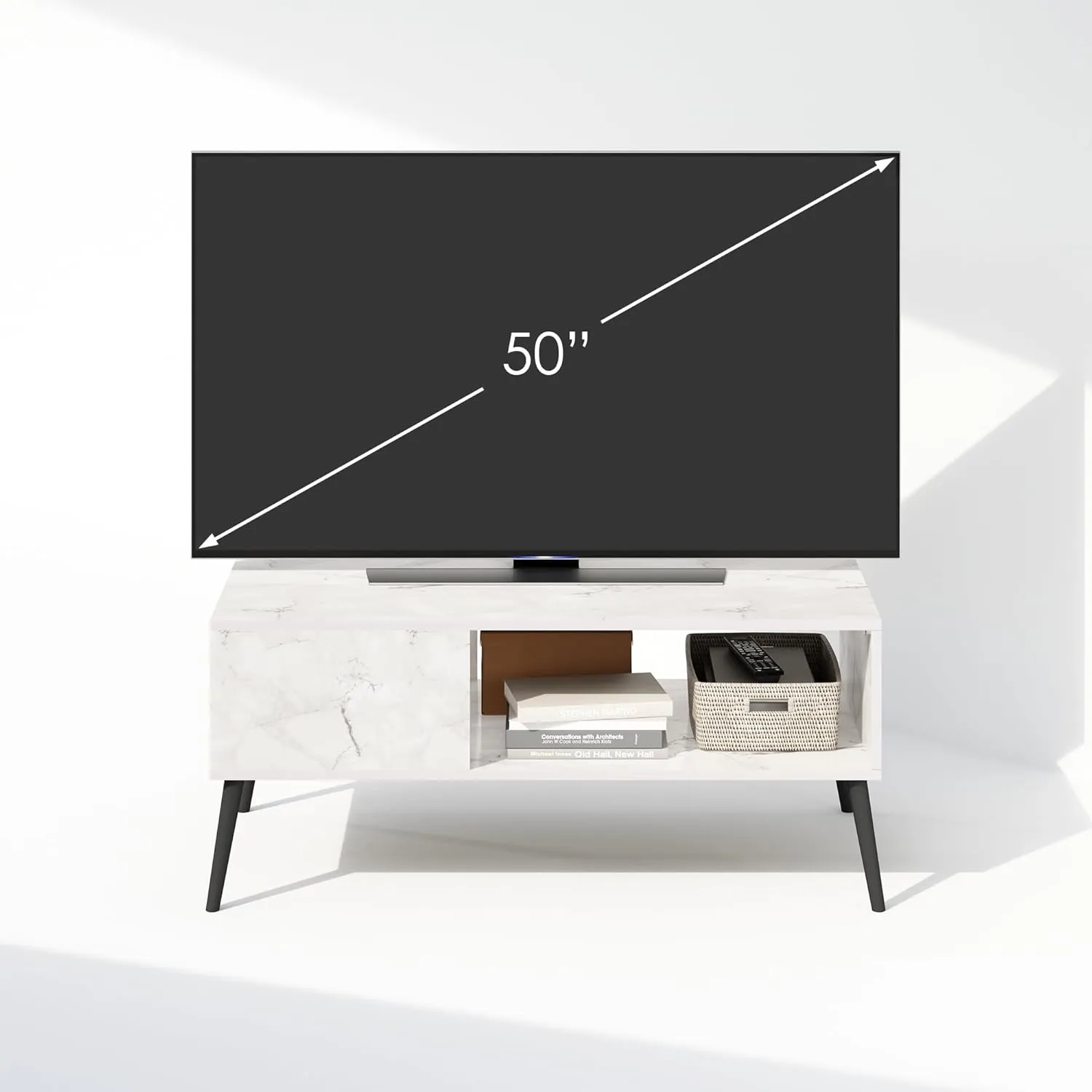 Furinno Claude Mid Century Style TV Stand for TV up to 40 with Wood Legs, Marble White