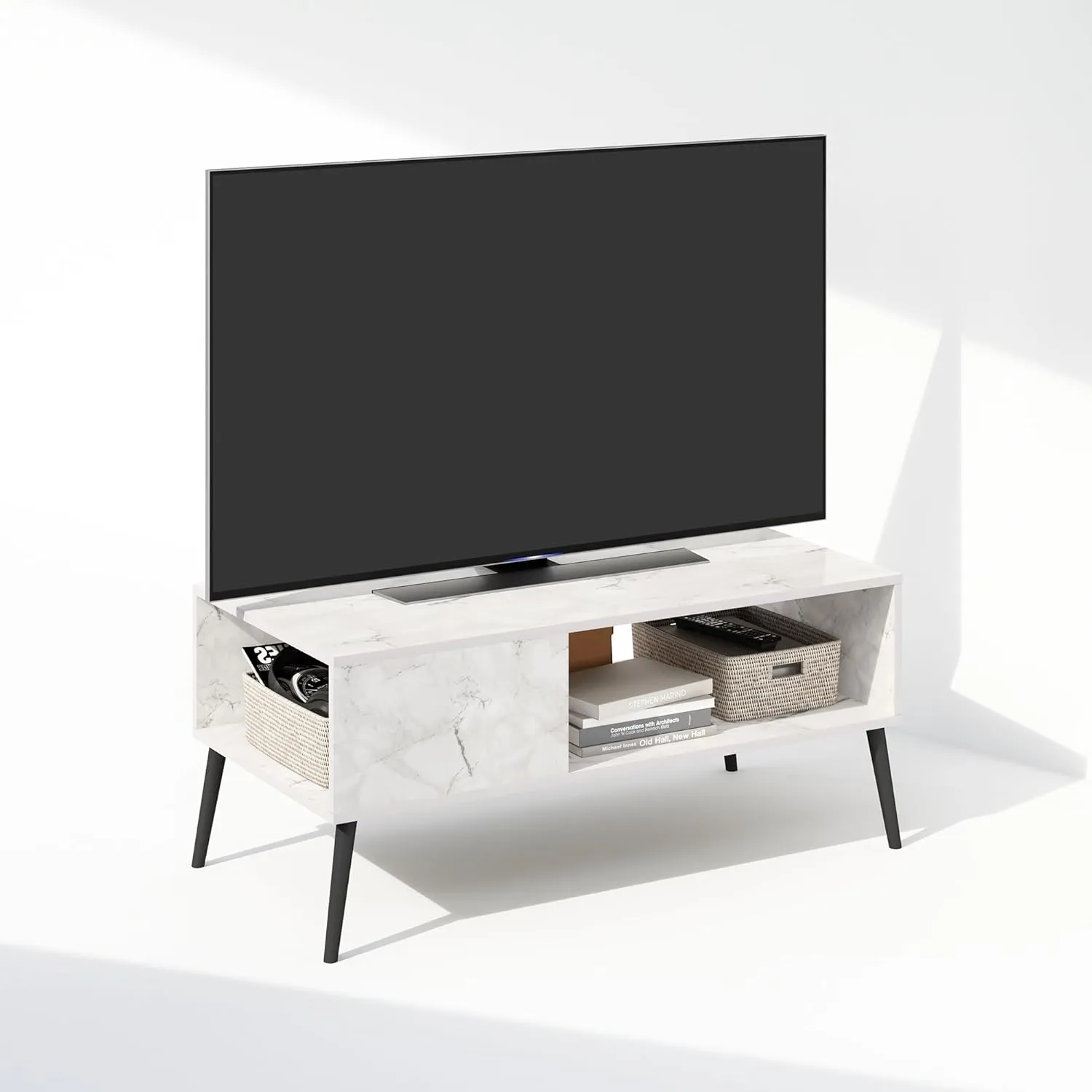 Furinno Claude Mid Century Style TV Stand for TV up to 40 with Wood Legs, Marble White