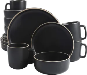Gibson Home Zuma 16 Piece Round Kitchen Dinnerware Set, Dishes, Plates, Bowls, Mugs, Service for 4, Matte Stoneware, Black
