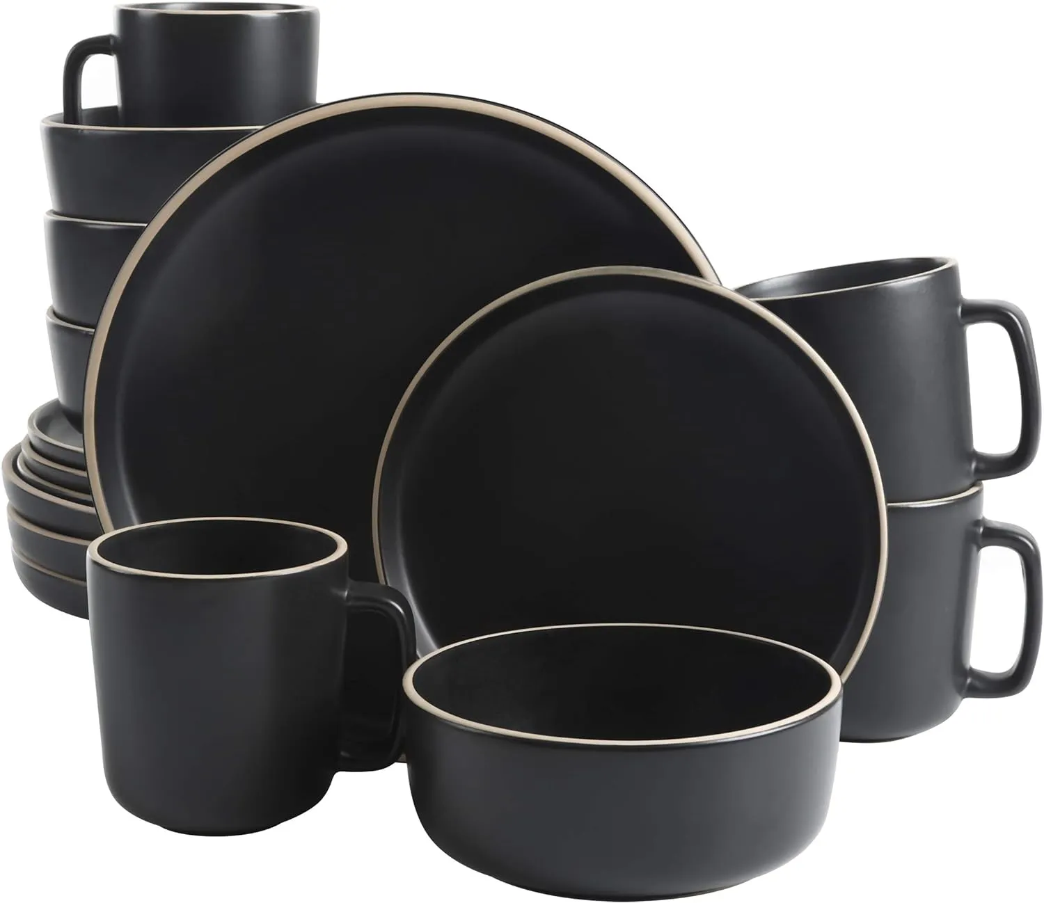 Gibson Home Zuma 16 Piece Round Kitchen Dinnerware Set, Dishes, Plates, Bowls, Mugs, Service for 4, Matte Stoneware, Black