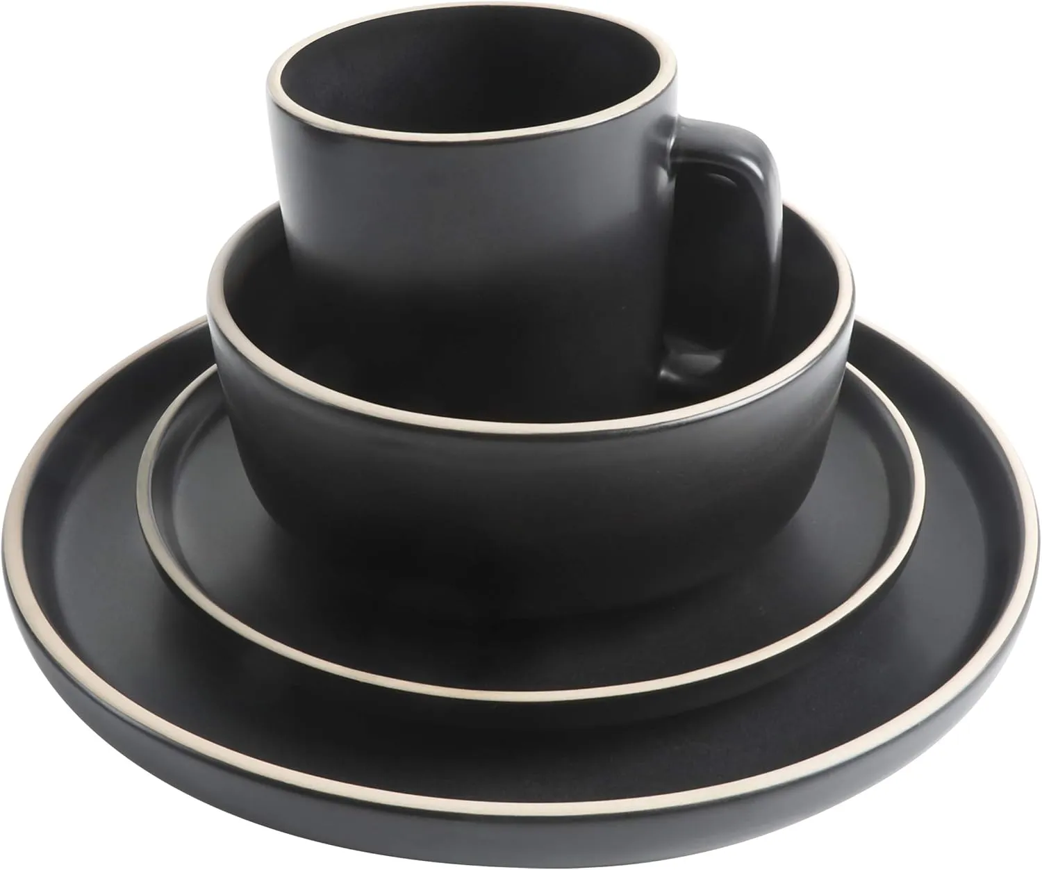 Gibson Home Zuma 16 Piece Round Kitchen Dinnerware Set, Dishes, Plates, Bowls, Mugs, Service for 4, Matte Stoneware, Black