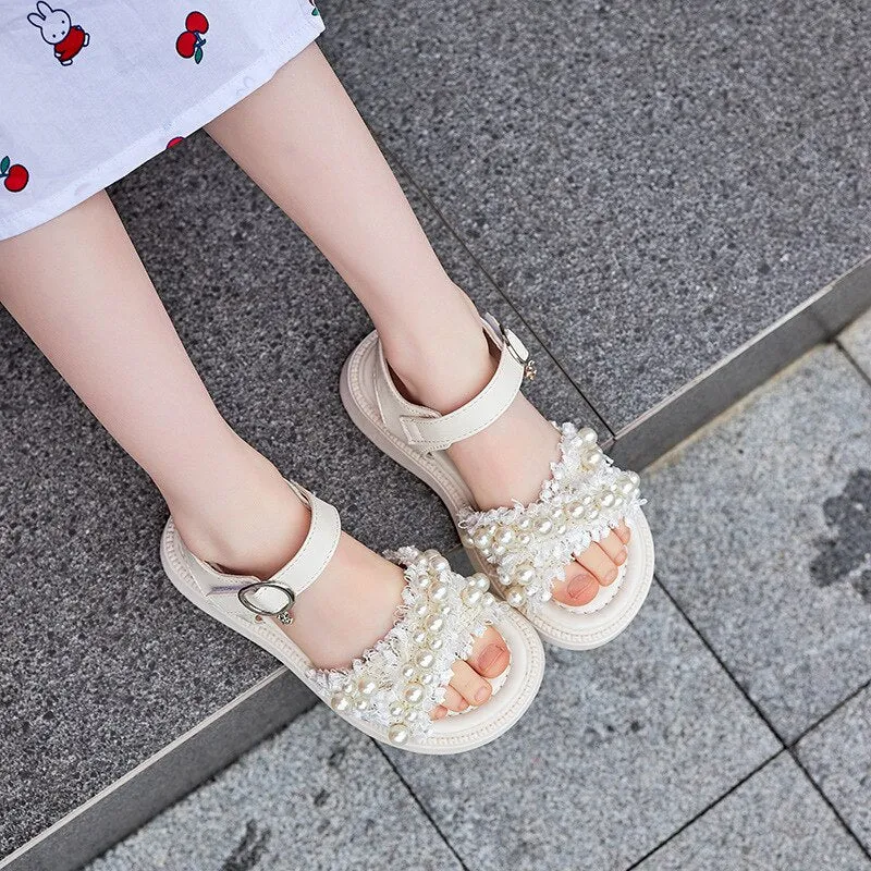 Girls Sandals Summer Princess Children White Sandals Pearl Platform