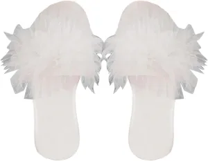 GORGLITTER Women's Wedding Sandals for Bride Ruffle Flat Sandals Dressy Square Open Toe Slip On Slides Comfortable Summer Shoes