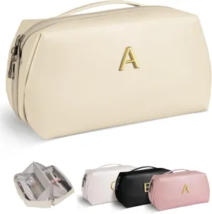 Graduation Gifts - Initial Makeup Bag for Women Girls, Bridesmaid Gifts, Thank You Gifts Idea, Gifts for Women, Large Capacity & Wide Open Cosmetic Toiletry Bags, Friends Gift
