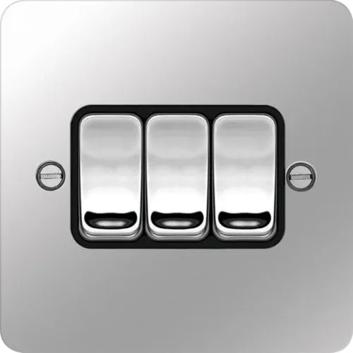 Hager WFPS32PSB Sollysta Flat Plate 10AX 3 Gang 2 Way Wall Switch - Polished Steel   Black Insert
