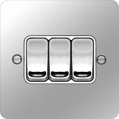 Hager WFPS32PSW Sollysta Flat Plate 10AX 3 Gang 2 Way Wall Switch - Polished Steel   White Insert