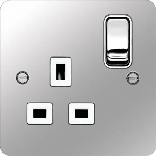 Hager WFSS81PSW Sollysta Flat Plate 13A 1 Gang Double Pole Switch Socket - Polished Steel   White Insert