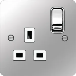Hager WFSS81PSW Sollysta Flat Plate 13A 1 Gang Double Pole Switch Socket - Polished Steel   White Insert