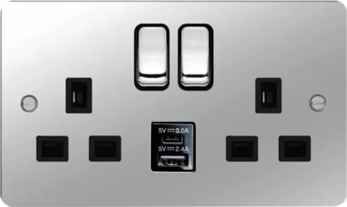 Hager WFSS82PSB-USBSAC Sollysta Flat Plate 13A 2 Gang DP Switched Socket  2xUSB (Type A C) - Polished Steel   Black Insert