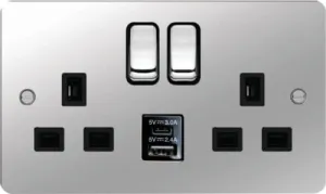 Hager WFSS82PSB-USBSAC Sollysta Flat Plate 13A 2 Gang DP Switched Socket  2xUSB (Type A C) - Polished Steel   Black Insert