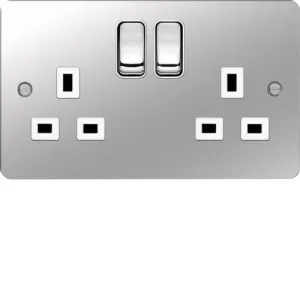Hager WFSS82PSW Sollysta Flat Plate 13A 2 Gang Double Pole Switch Socket - Polished Steel   White Insert
