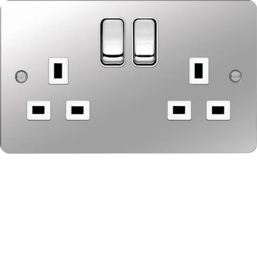 Hager WFSS82PSW Sollysta Flat Plate 13A 2 Gang Double Pole Switch Socket - Polished Steel   White Insert