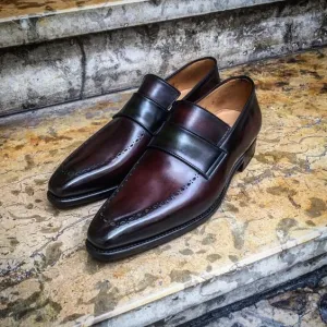 Handcrafted Maroon Color Moccasin Loafer Slip Ons Burnished Apron Toe Men Shoes