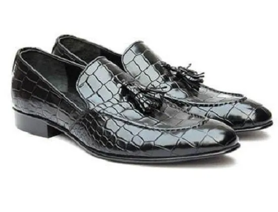 Handmade Black Crocodile Embossed Leather Loafer Shoes