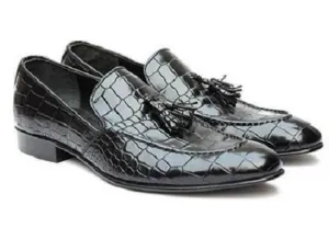 Handmade Black Crocodile Embossed Leather Loafer Shoes
