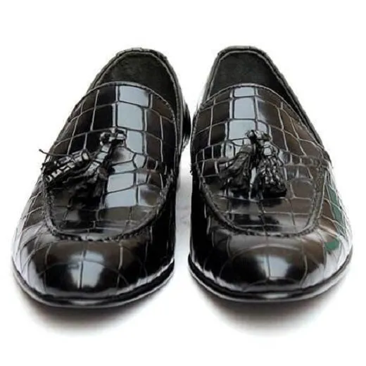 Handmade Black Crocodile Embossed Leather Loafer Shoes