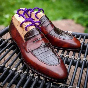 Handmade Men Brown leather dress Shoes, leather Crocodile texture moccasins