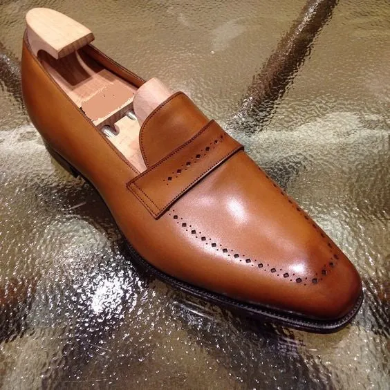 Handmade Tan Brown Brogue Leather Shoes for Men