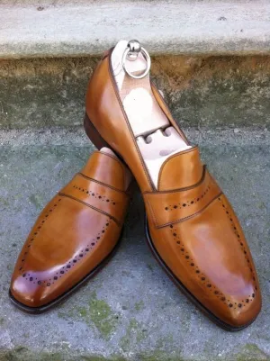 Handmade Tan Brown Brogue Leather Shoes for Men