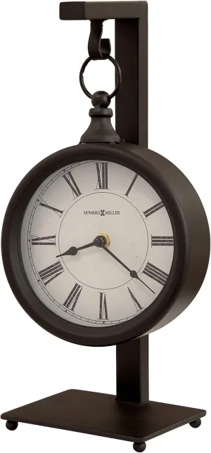 Howard Miller Loman Mantel Clock, Hangable Round Analog Dial Roman Numerals with Quartz Movement, Solid Metal Frame Black Finish Idle Alarm Clock for Home Decor & Office Battery Powered