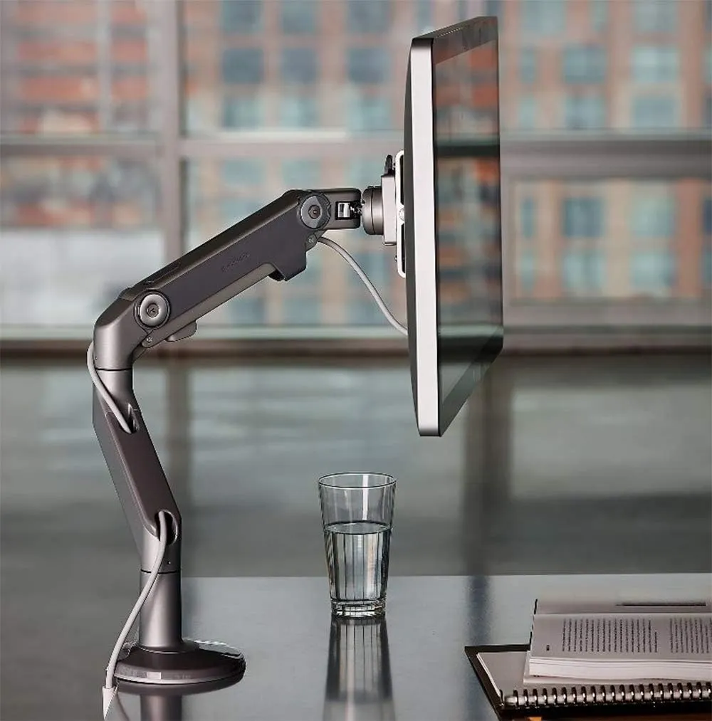 Humanscale M8 Adjustable Articulating Computer Monitor Arm - Two Piece Clamp On Mount with Base - Silver with Gray Trim
