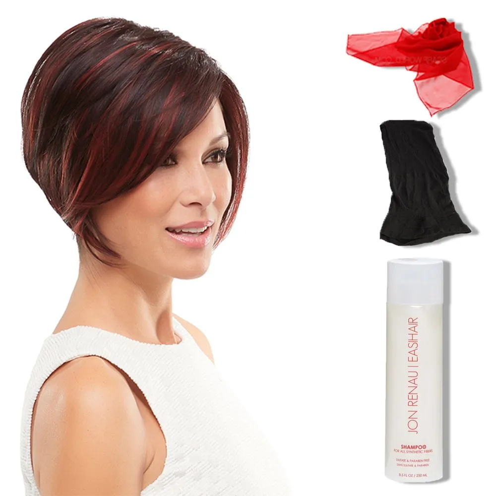 Ignite Wig Color 1BRH30 CHOCOLATE PRETZEL - Jon Renau Wigs Heat Resistant Women's Short Angled Cut Sleek Bob Lace Front SmartLace Natural Hairline Bundle with MaxWigs Hairloss Booklet