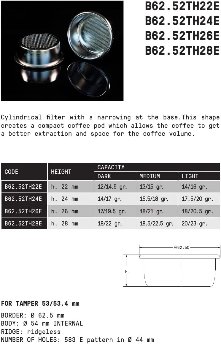 IMS Precision 18-22 g filter basket B62.52TH28E compatible with 54mm Breville Sage Espresso machines Express, Bambino, Bambino Plus BES450, BES500, BES880, BES810BSS, BES860XL, BES870XL, BES878