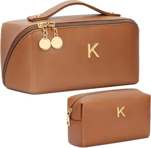 Initial Makeup Bag Set, Christmas Birthday Gifts for Women Mom Her Bridesmaid, Open Flat Travel Cosmetic Bag With Clear Divider and Handle(Brown,K)