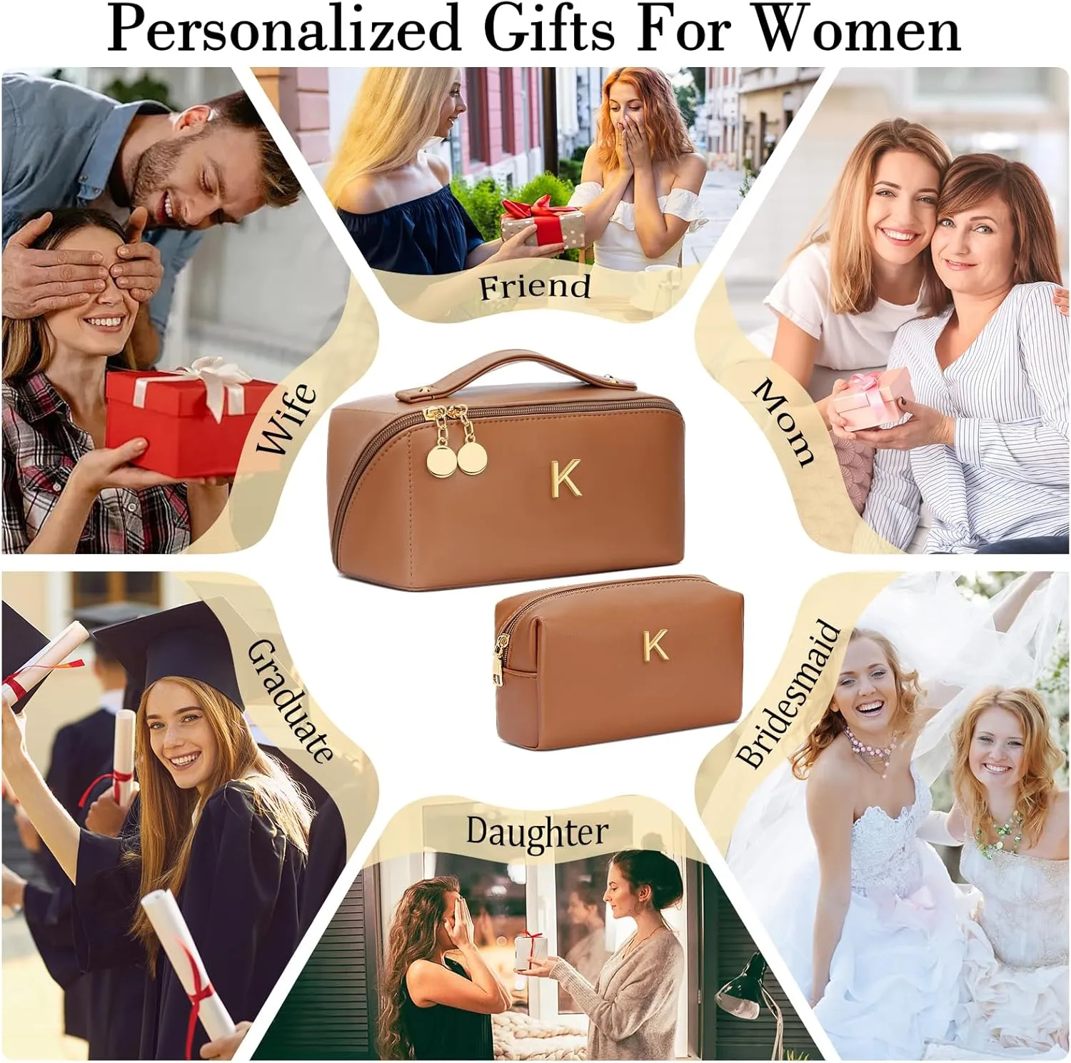 Initial Makeup Bag Set, Christmas Birthday Gifts for Women Mom Her Bridesmaid, Open Flat Travel Cosmetic Bag With Clear Divider and Handle(Brown,K)