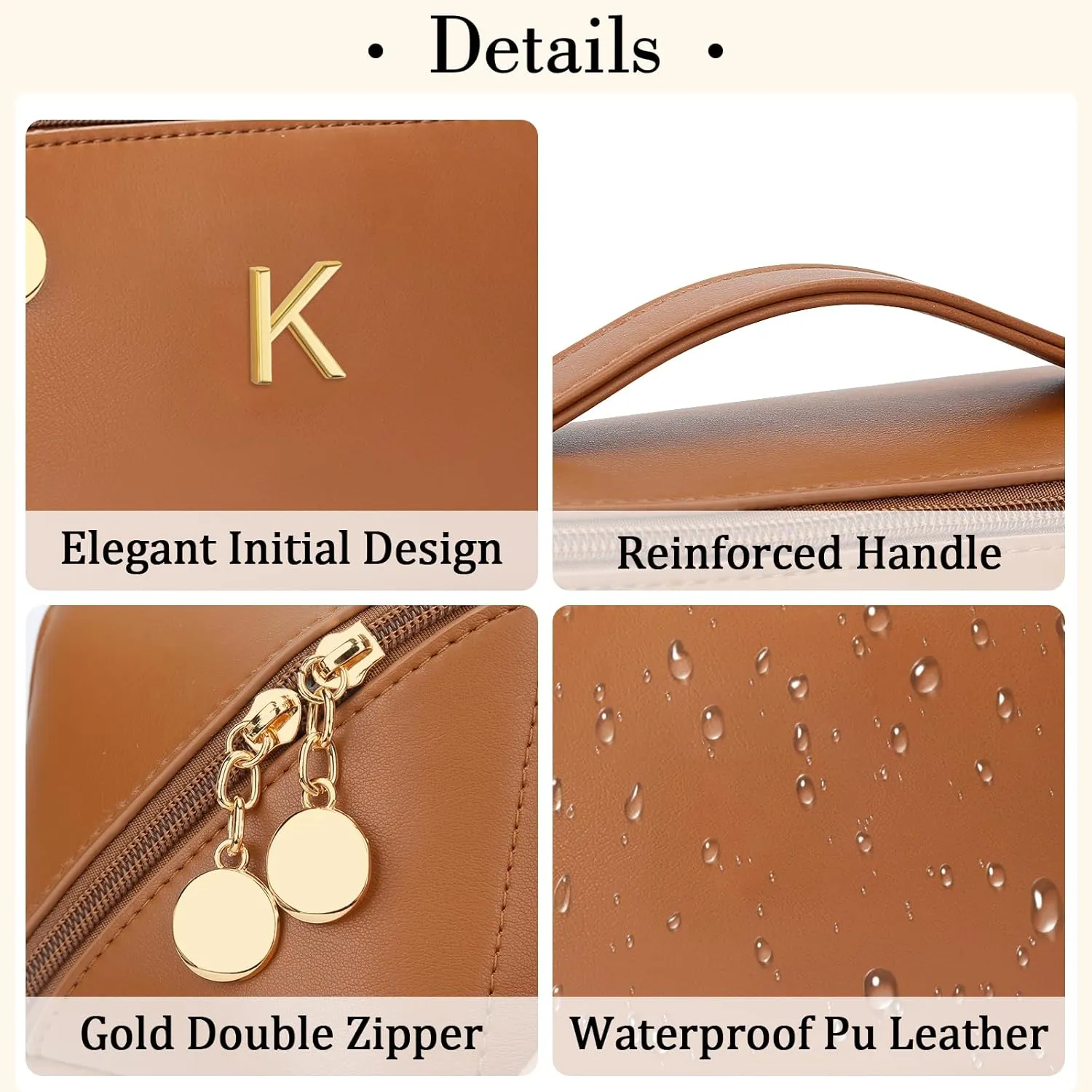 Initial Makeup Bag Set, Christmas Birthday Gifts for Women Mom Her Bridesmaid, Open Flat Travel Cosmetic Bag With Clear Divider and Handle(Brown,K)