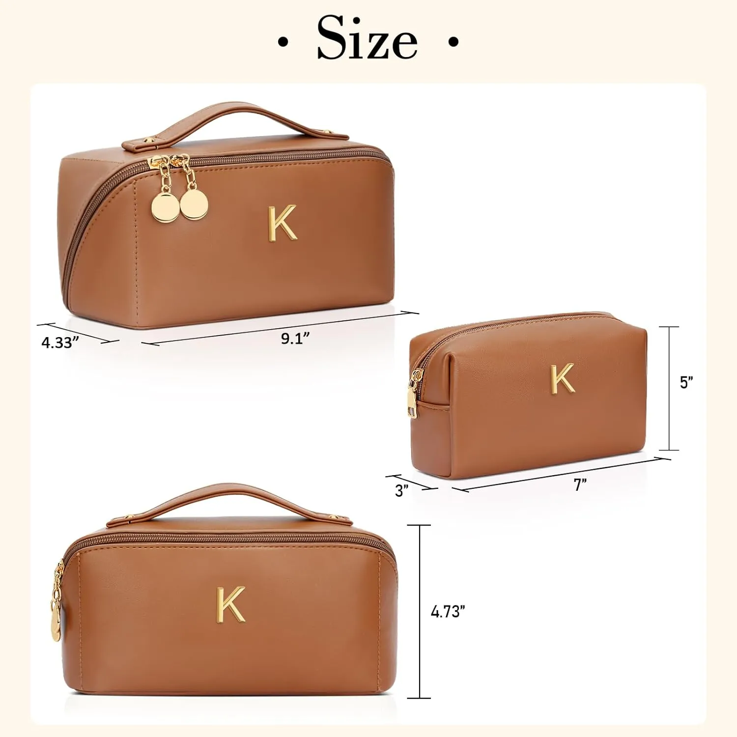 Initial Makeup Bag Set, Christmas Birthday Gifts for Women Mom Her Bridesmaid, Open Flat Travel Cosmetic Bag With Clear Divider and Handle(Brown,K)