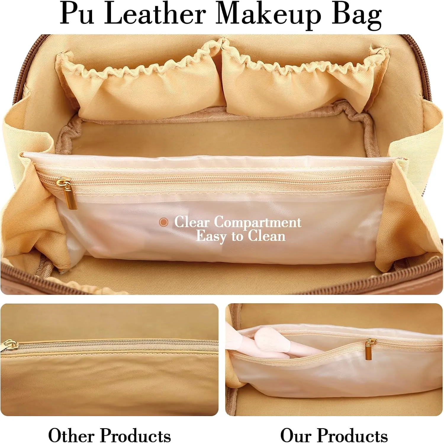 Initial Makeup Bag Set, Christmas Birthday Gifts for Women Mom Her Bridesmaid, Open Flat Travel Cosmetic Bag With Clear Divider and Handle(Brown,K)